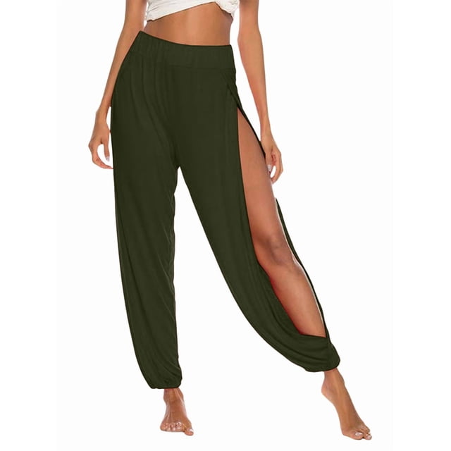 Pantalones Harén con Abertura Alta para Mujer, Pantalones Harén Hippies. Verde XXL