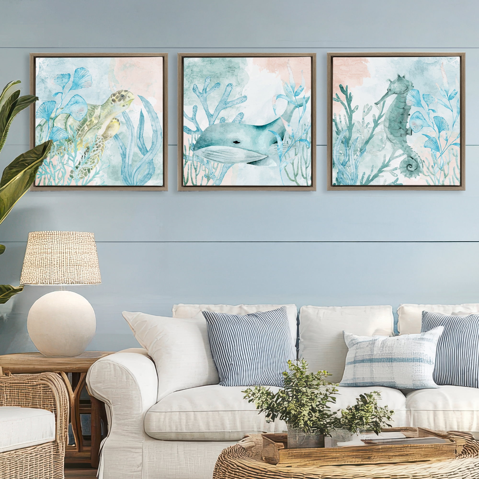 Stupell Industries Aquatic Animals Sea Swim 3 Piece Brown Framed Floater Canvas Set, design by Kim Allen