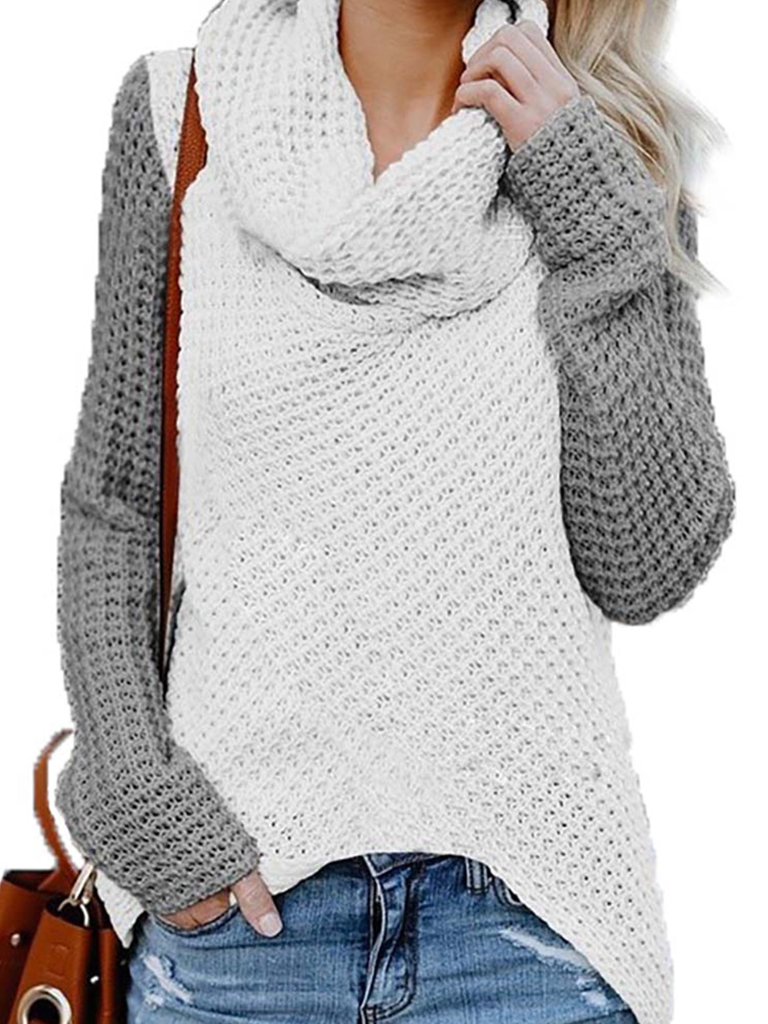 UK Women Cowl Collar Plain  Knitted Winter Warm Sweater Jumper Pullover Top Plus 