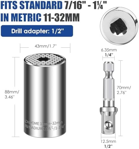 Universal Socket Set (11-32mm 7-19mm) Super Socket for Unscrew Any Bolt Multi-Function Universal Wrench Tool Kit with Power Drill Adapters Gifts for Men, Father/Dad, Husband, DIY Handyman 4PCS