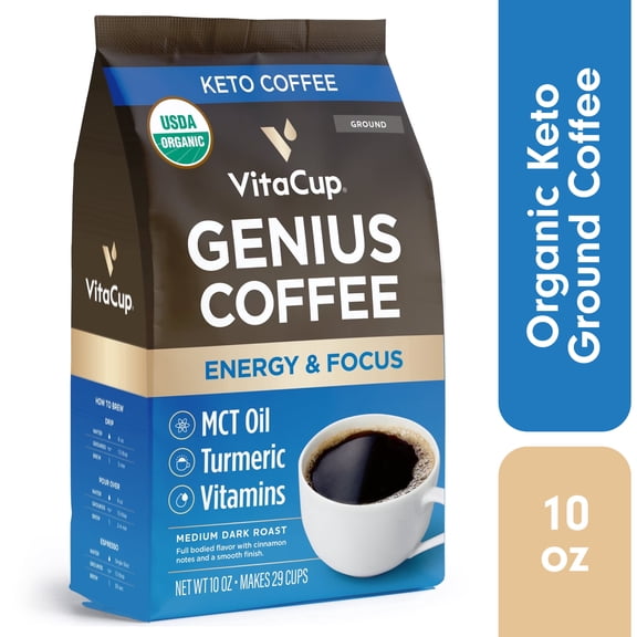 VitaCup Organic Genius Medium Dark Roast Keto Coffee Ground, 10 Ounces