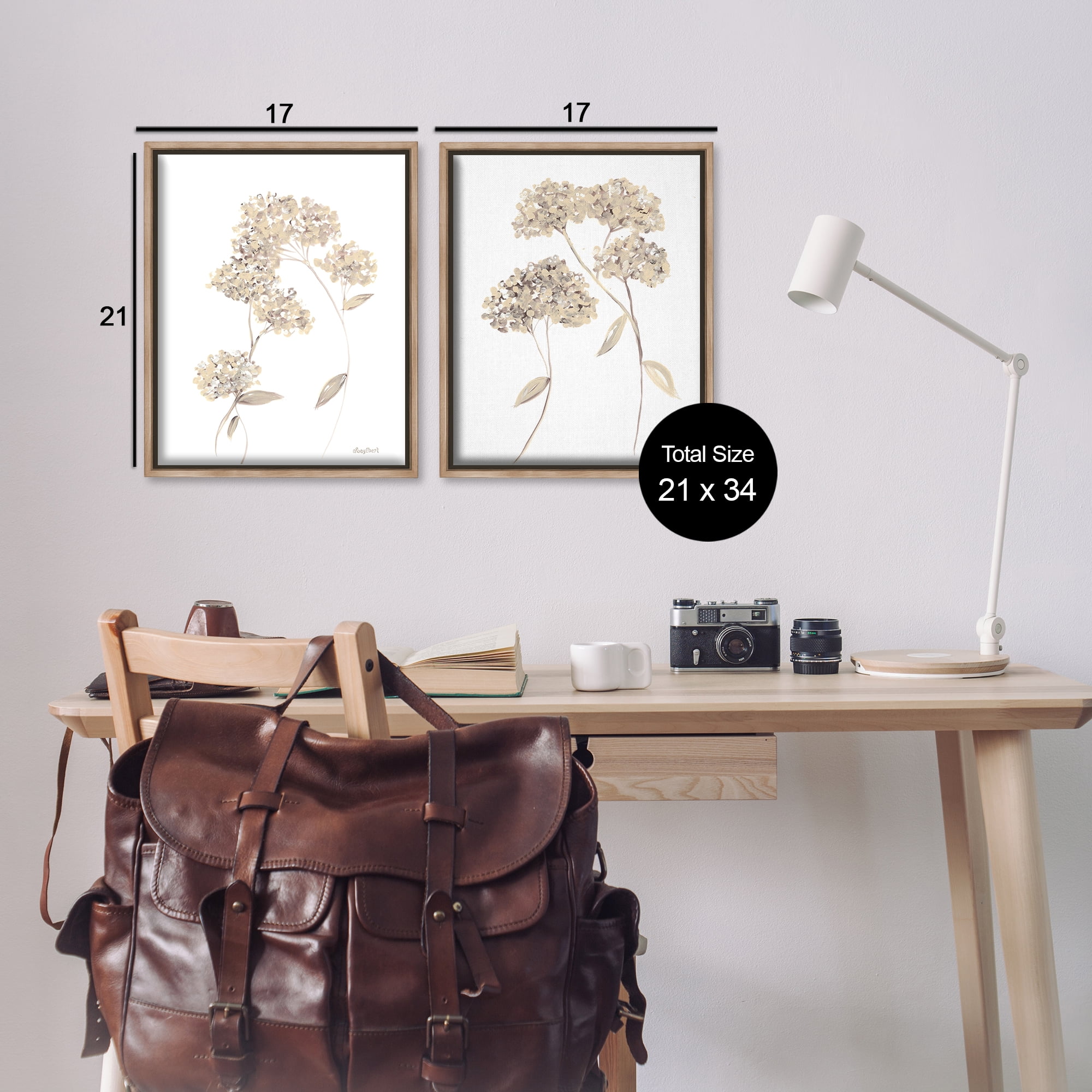 Stupell Industries Plain Beige Blossom Sprig Plants & Flowers Painting Brown Floater Framed Canvas Art Print Wall Art, 17 x 21, Set of 2