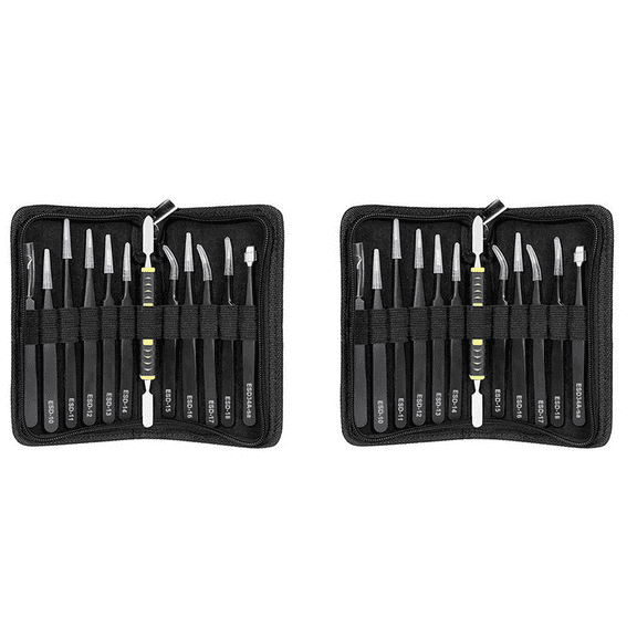Tweezers 24 Pieces ESD Tweezers Tools Kit Anti-Static Non-Magnetic Stainless Steel Multi-Standard with Storage Bag
