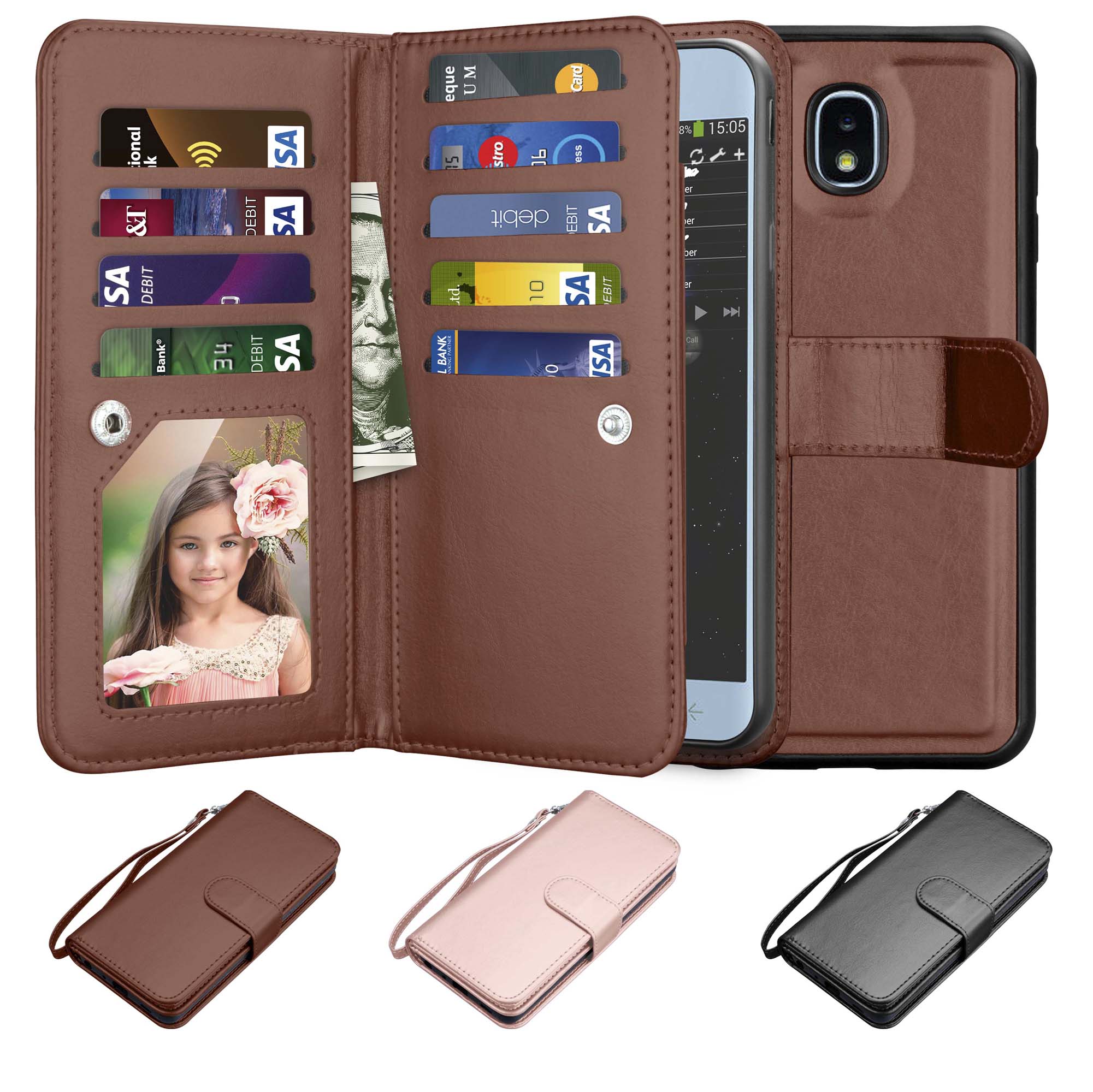 Njjex Wallet Case For 5.5" Samsung Galaxy J7 2018 / J7 V 2nd Gen / J7 Refine / J7 Aero / J7 Eon / J7 Top / J7 Crown / J7 Aura, Wallet Case PU Leather Flip Cover Wrist Strap & Kickstand Brown - image 1 of 5
