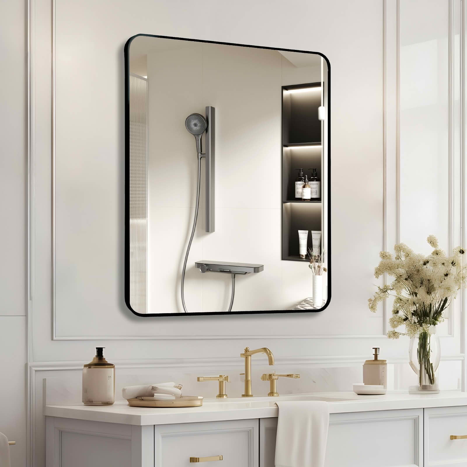 MAYEERTY 30"x36" Black Metal Framed Rectangular Bathroom Wall Mirror, for Bathroom Wall Decor