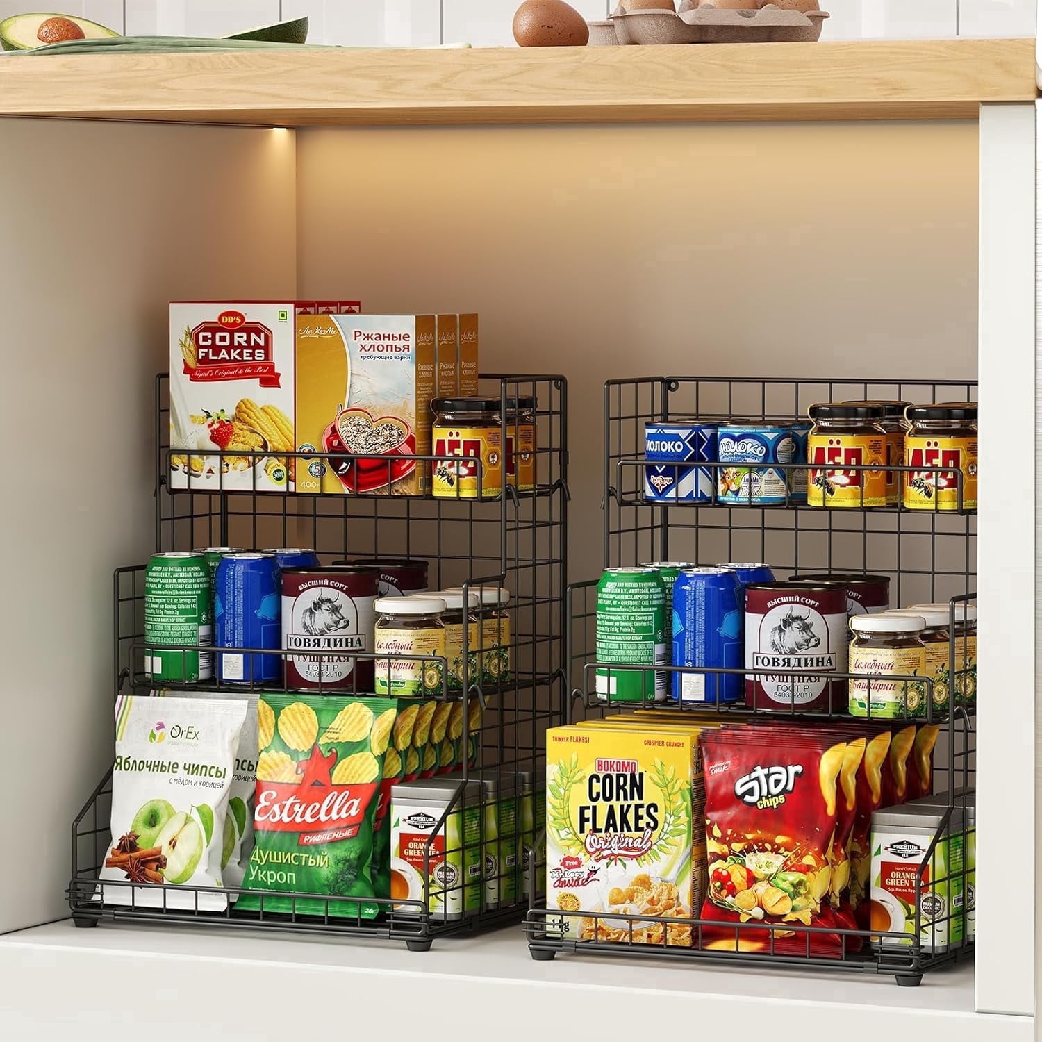 X-COSRACK 3-Tier Snack Organizer Rack, Foldable Metal Wire Canned Food Holder with Adjustable Tilt, 11.8"x9.4"x16.5"