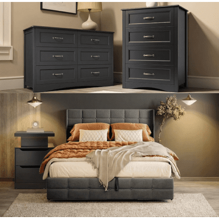 4-Piece Bedroom Furniture Set: Queen size bed frame with headboard, two-drawer nightstands, six-drawer dresser, and wooden four-drawer storage cabinet - Gray & Black