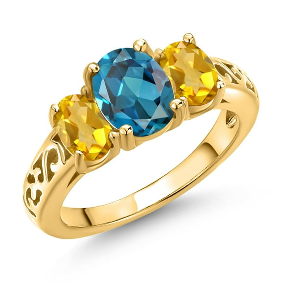Gem Stone King 18K Yellow Gold Plated Silver London Blue Topaz and Yellow Citrine Filigree Style 3 Stone Ring for Women (2.40 Cttw, Oval 8X6MM and 6X4MM) (Size 7)