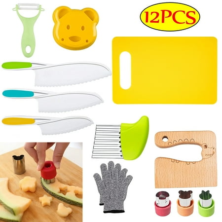 

Wooden Kids Kitchen Knife Kids Knife Set with Wood Kids Safe Knife Serrated Edges Plastic Toddler Knife Sandwich Cutter Peeler Cutting Board 12PCS