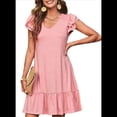 thumbnail image 3 of Robes d'Été pour Femmes à Volants Manches Courtes Smockées Col en V Décontractées Amples Ligne A Évasées Mini Robe Robe d'Été Rose G, 3 of 7