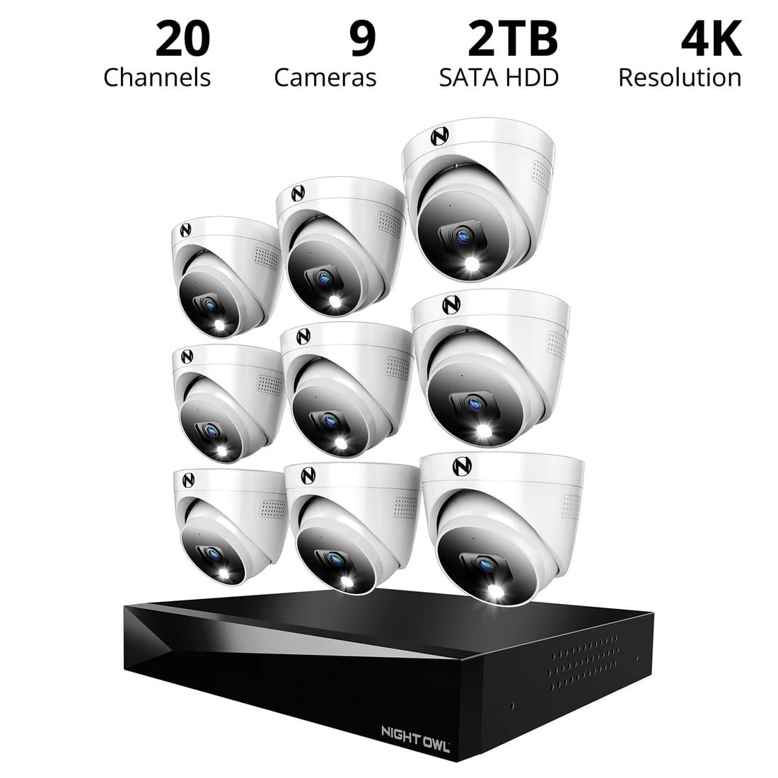 Night Owl 2-Way Audio 20 Channel 2TB DVR Security System and 9 Wired 4K Resolution Dome Cameras