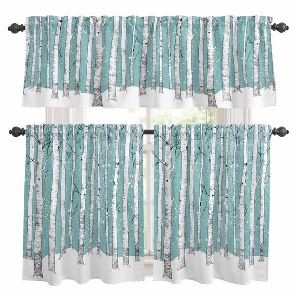Aqua Tree Trunk Kitchen Curtains Sets for Windows 24 Inch Length, Farmhouse Forest Snow Watercolor Rod Pocket Window Treatments Tier Curtains and Valances Set for Bedroom/Bathroom