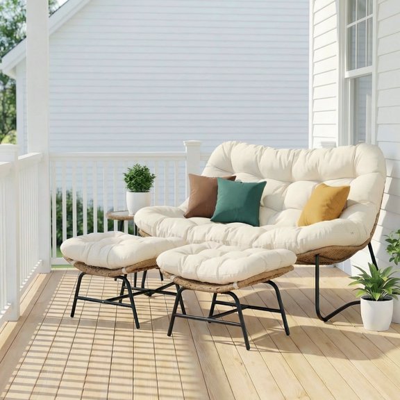 RADIATA Double Papasan Chair Outdoor with Ottoman, Outdoor Oversized Loveseat, 600 lbs Capacity with 5.5" Thick Cushion,Beige