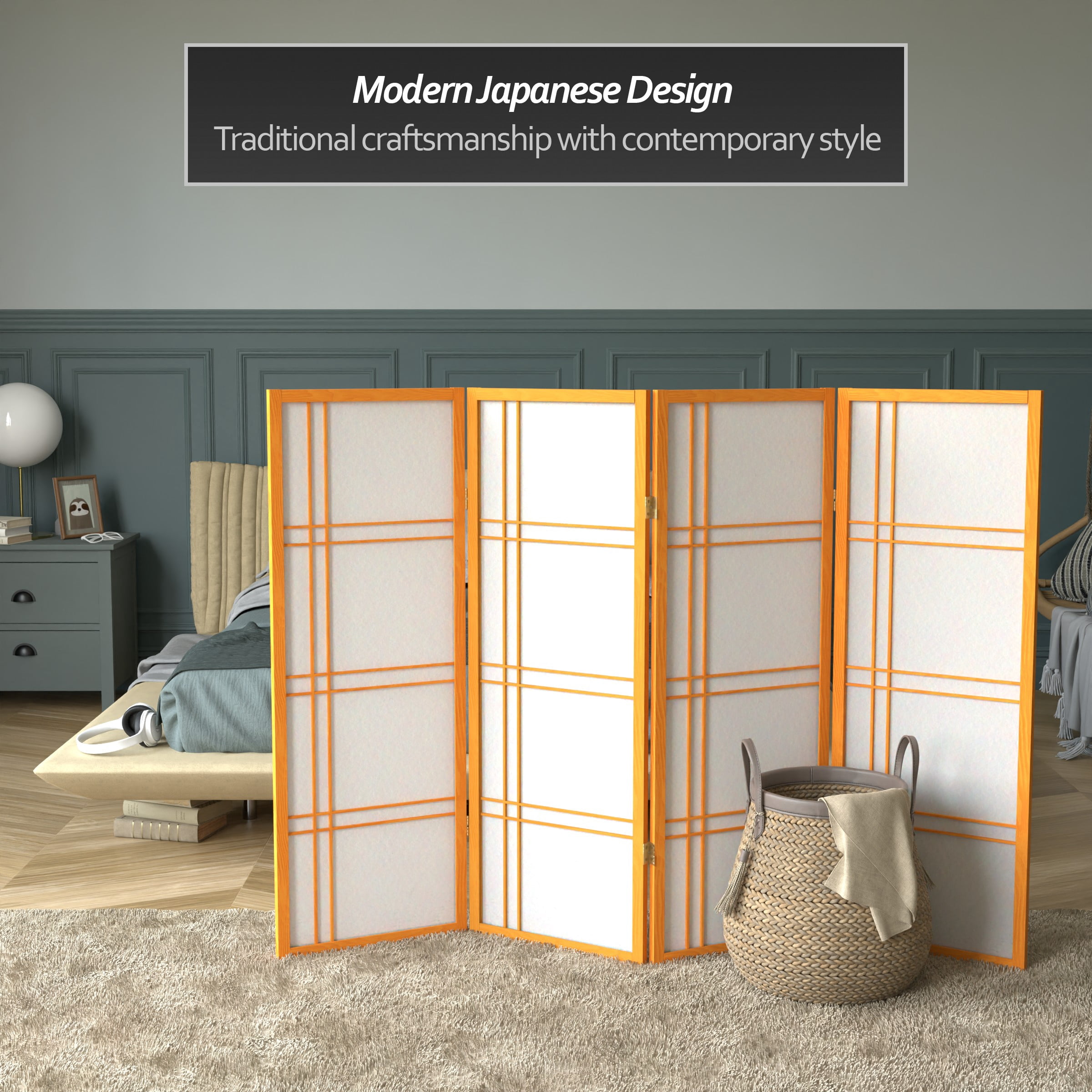 4 ft. Tall Japanese Design Double Cross Lattice Screen - Honey - 4 Panels