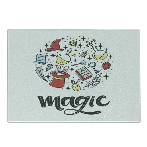 Magician Cutting Board, Magic Lettering with Round Shaped Doodle, Decorative Tempered Glass Cutting and Serving Board, in 3 Sizes, by Ambesonne