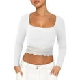 thumbnail image 4 of Women Crop Ribbed Tops Lace Patchwork Square Neck Long Sleeve Shirt for Club Streetwear Aesthetic Grunge Clothes, 4 of 8
