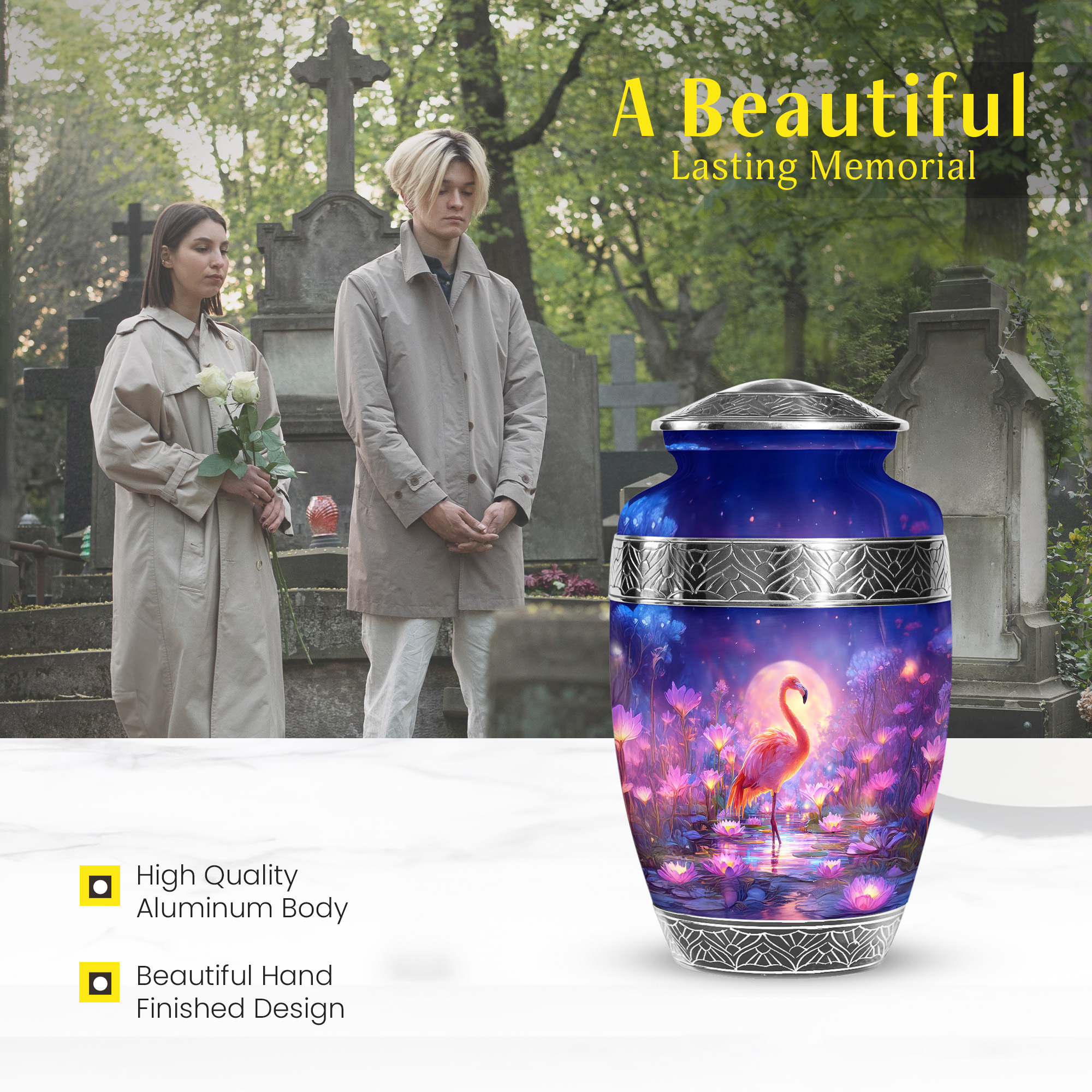 MUKTIVE Flamingo Cremation Urns for Human Ashes Men and Women 10 Inch, Moon Burial Urns for Adult Human Ashes, Large Blue Urn, Funeral Urn for Adult Male