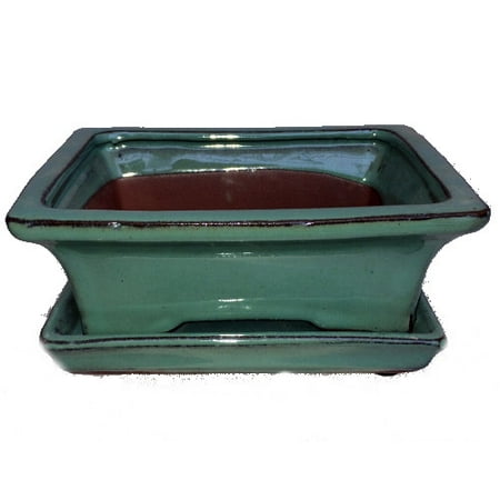 Aqua Pot - Ceramic Bonsai Pot/Saucer -Aqua Green Flare- 6 1/8