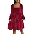 thumbnail image 2 of Women'S Loose Fit Square Neck Long Sleeve Velvet Mini Babydoll Dresses Shift Dress Wine Red M, 2 of 9
