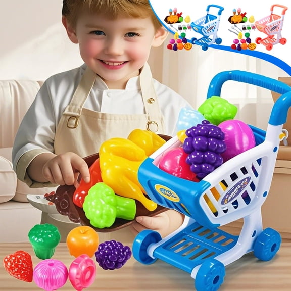 Kids Pretend Shopping Cart Toy Set, Mini Grocery Store Cart with Play Food Fruits Vegetables Ice Cream Tableware Accessories, Supermarket Role Play Toys for Toddlers Boys Girls Birthday Gifts
