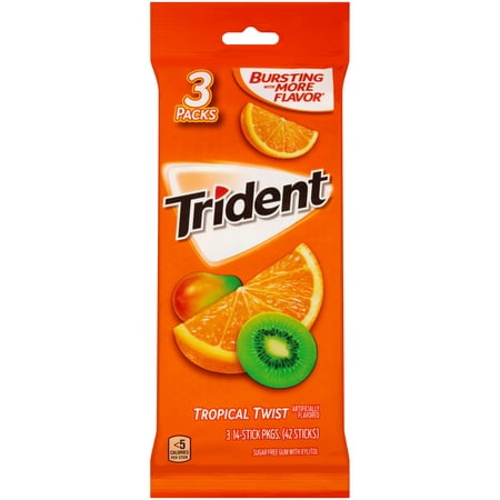 (4 Pack) Trident, Sugar Free Tropical Twist Gum, 14 Pcs, (Pack of