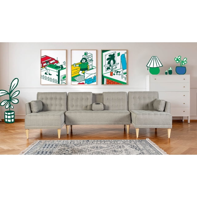 Sala Modular Doble Chaise Makora Boyd con Memory Foam y Respaldo Ajustable Lino Gris Claro