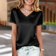 thumbnail image 5 of Women's Satin V-Neck T-Shirt Fashion Mesh Rhinestone Short Sleeve Tops Summer Solid Color Daily Wear Tee,Black,S, 5 of 9