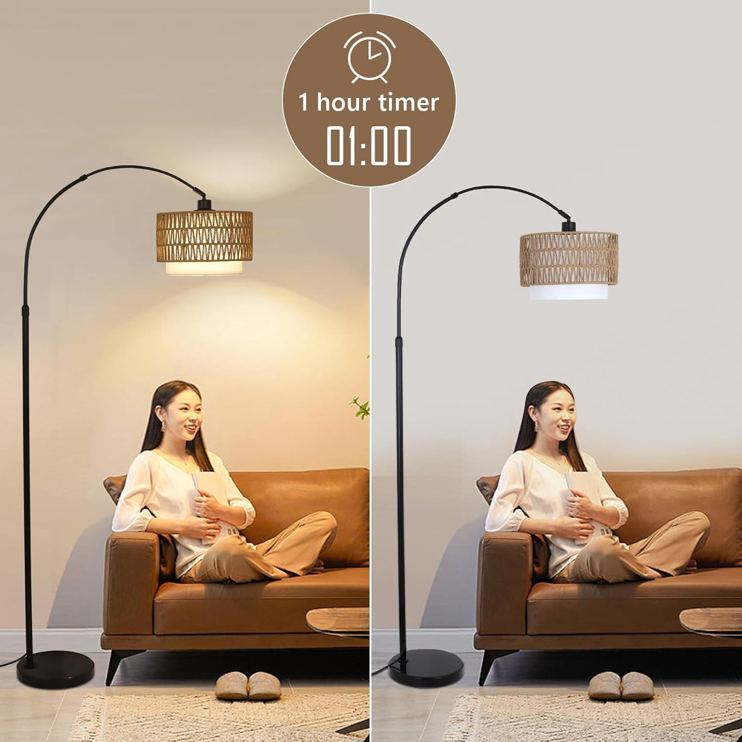 72" Arc Floor Lamp with Remote - Adjustable Height Led Standing Lamp with Rattan & Fabric Shade