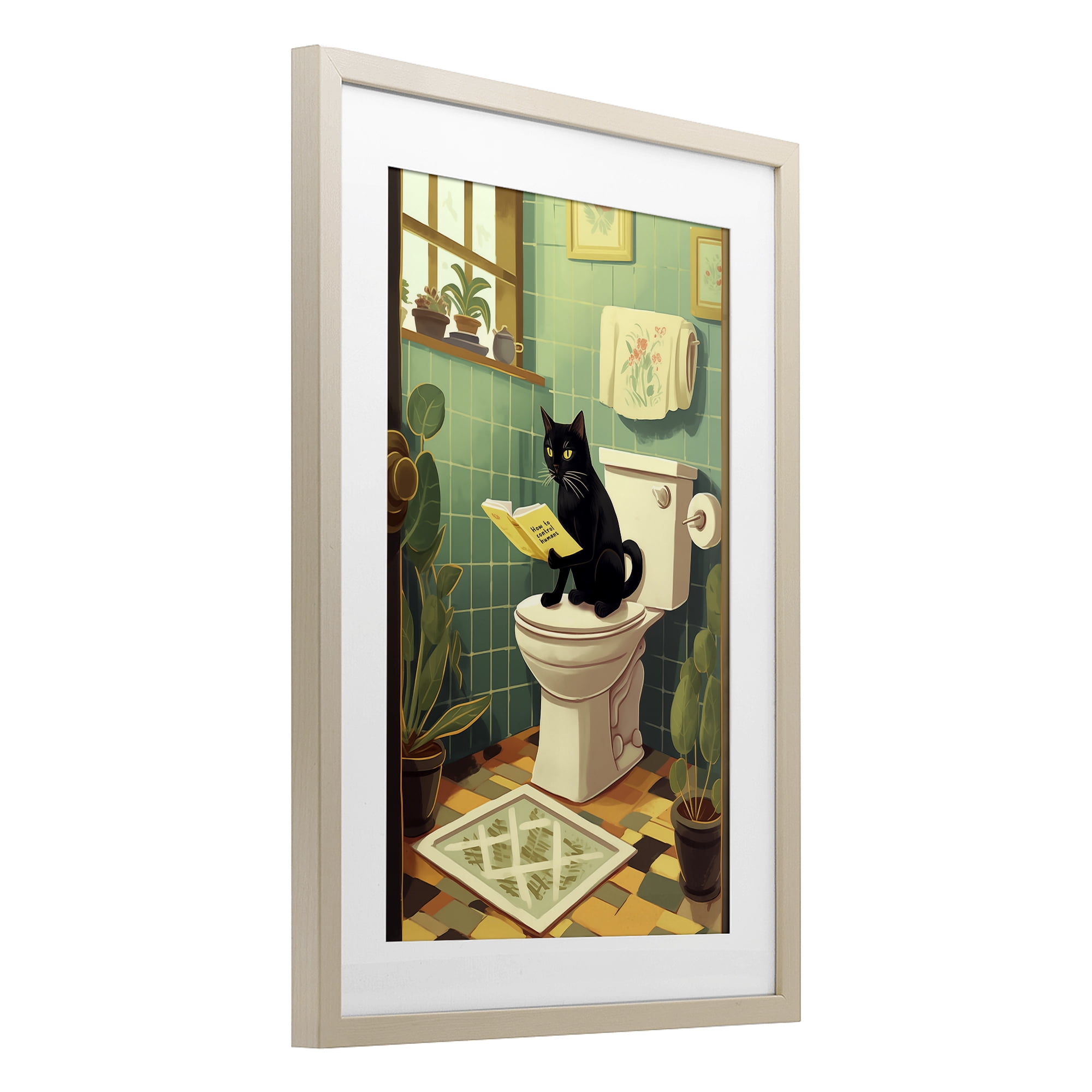 Cat Reading On Toilet Birch Framed Print Under Glass, design by Andreas Magnusson