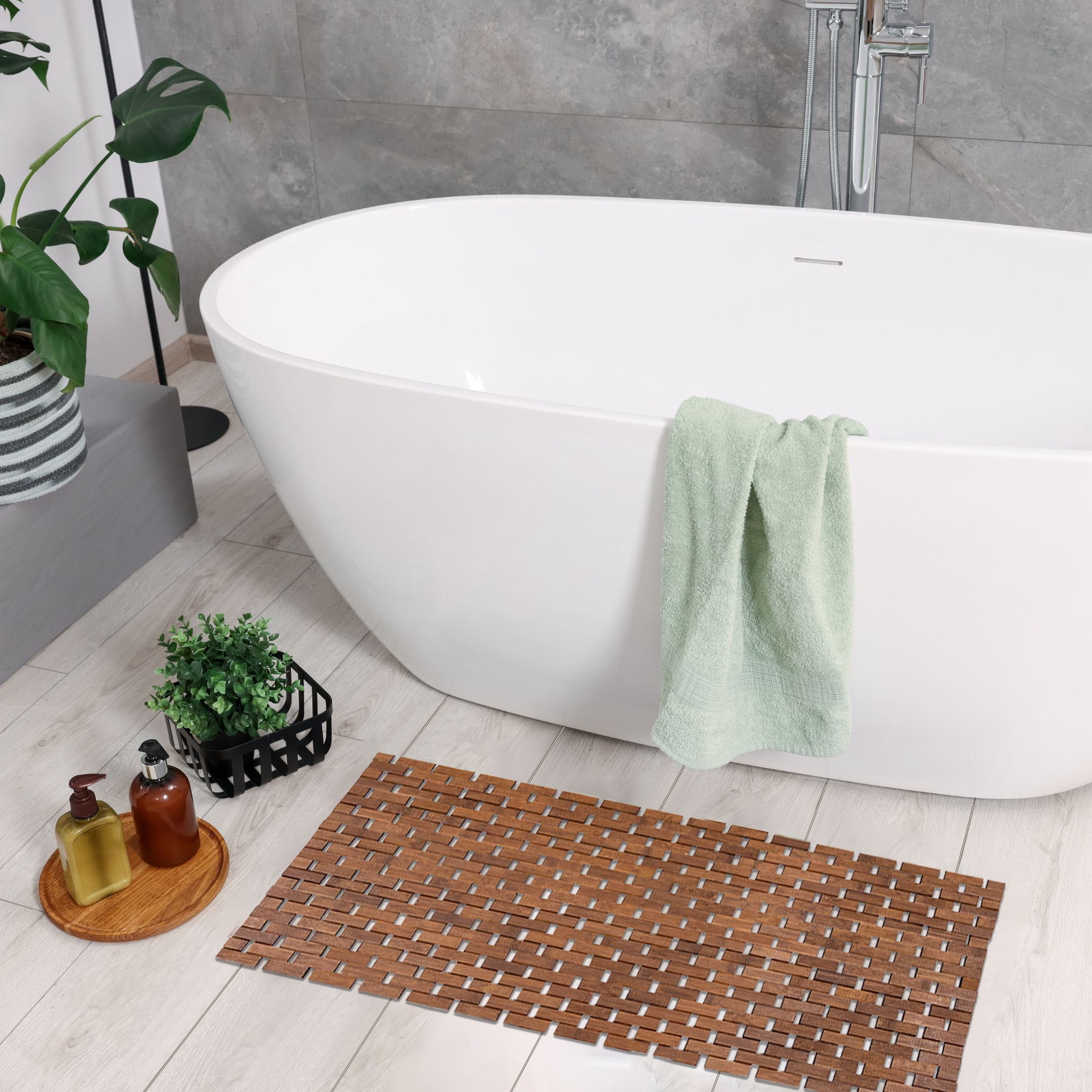 Evideco French Home Goods Slats Bamboo Mat Contemporary Brown Bamboo Bath Rugs, 40"L x 18"W, Non-Slip Backing