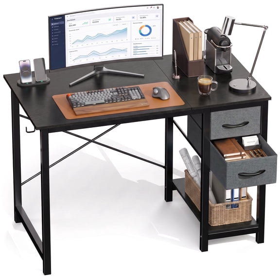 EDX Computer Desk with 2 Drawers 40 Inch PC Table Study Writing Desk with Storage Shelf Headphone Hook, Simple Style Small Desk for Home, Black Grain