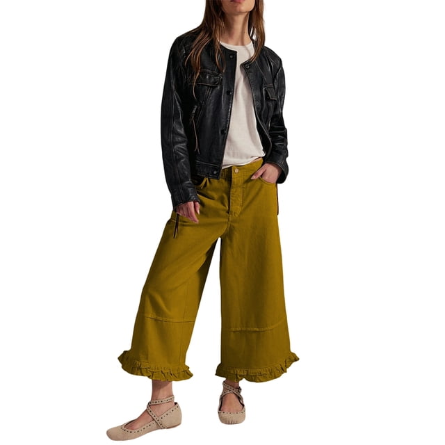 Women Ruffle Hem Wide Leg Jeans Mid Rise Cropped Denim Pants with Pockets Green M