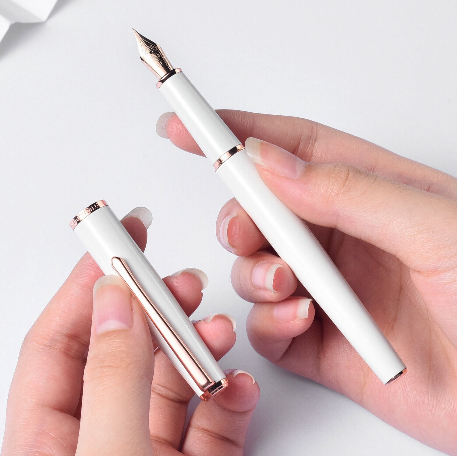 1 x Steel Fountain Pen Push Type Cap Rose Gold Plated EF/F Nib  Writing Pen