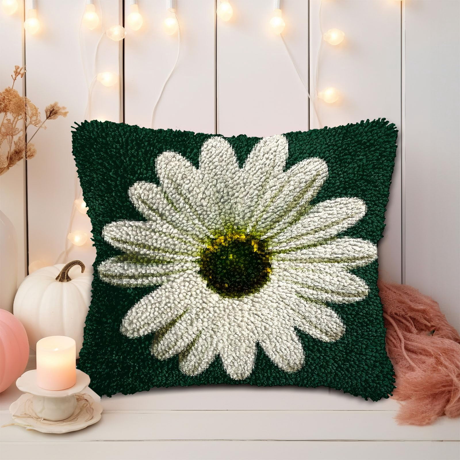 A White Daisu in Green DIY Latch Hook Pillow Kits for Adults Printed Pillowcase Crochet Yarns Hooking Handmade Pillow Cover Cushion for Home Sofa Decoration 17x17inch