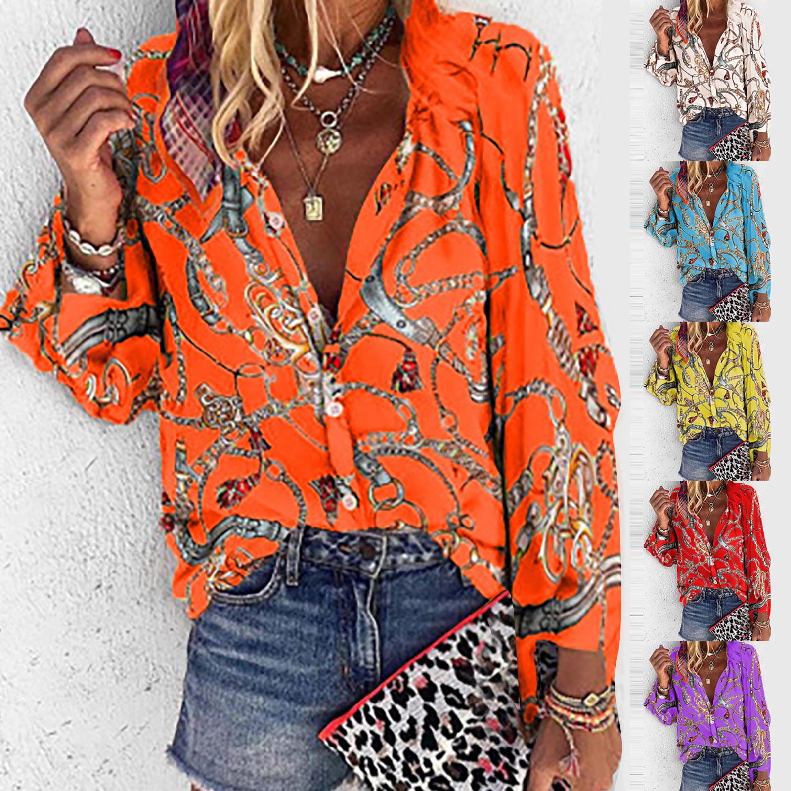 Women's Trendy Printed Shirt V-Neck Casual Lantern Sleeve Long Sleeve Top  Ladies Autumn Shirt For Women Tops Red Xxl - Walmart.com