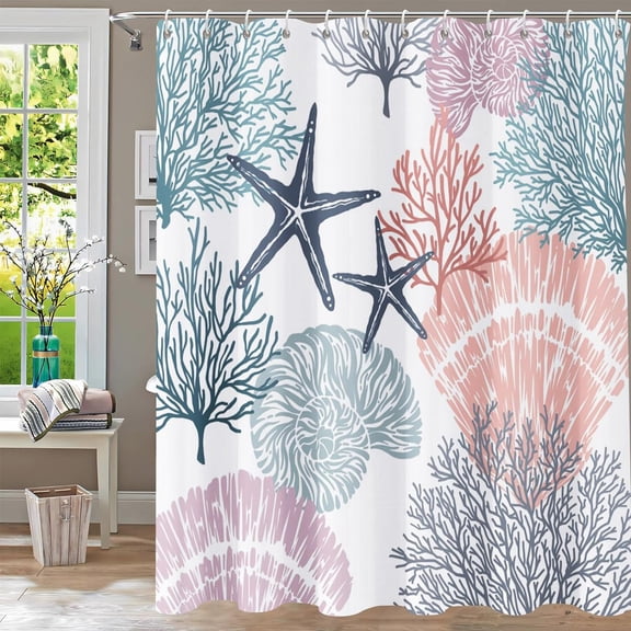Shower Curtain,Nautical Coastal Shower Curtains for Bathroom Ocean Beach Seashell Starfish Shower Curtain Sets Marine Underwater Fabric Waterproof Bathroom Curtain Decor 72x72 with Hooks