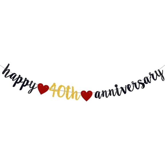 Happy 40th Anniversary Banner, 40th Birthday, Wedding Party Bunting Decoration (Black & Gold)