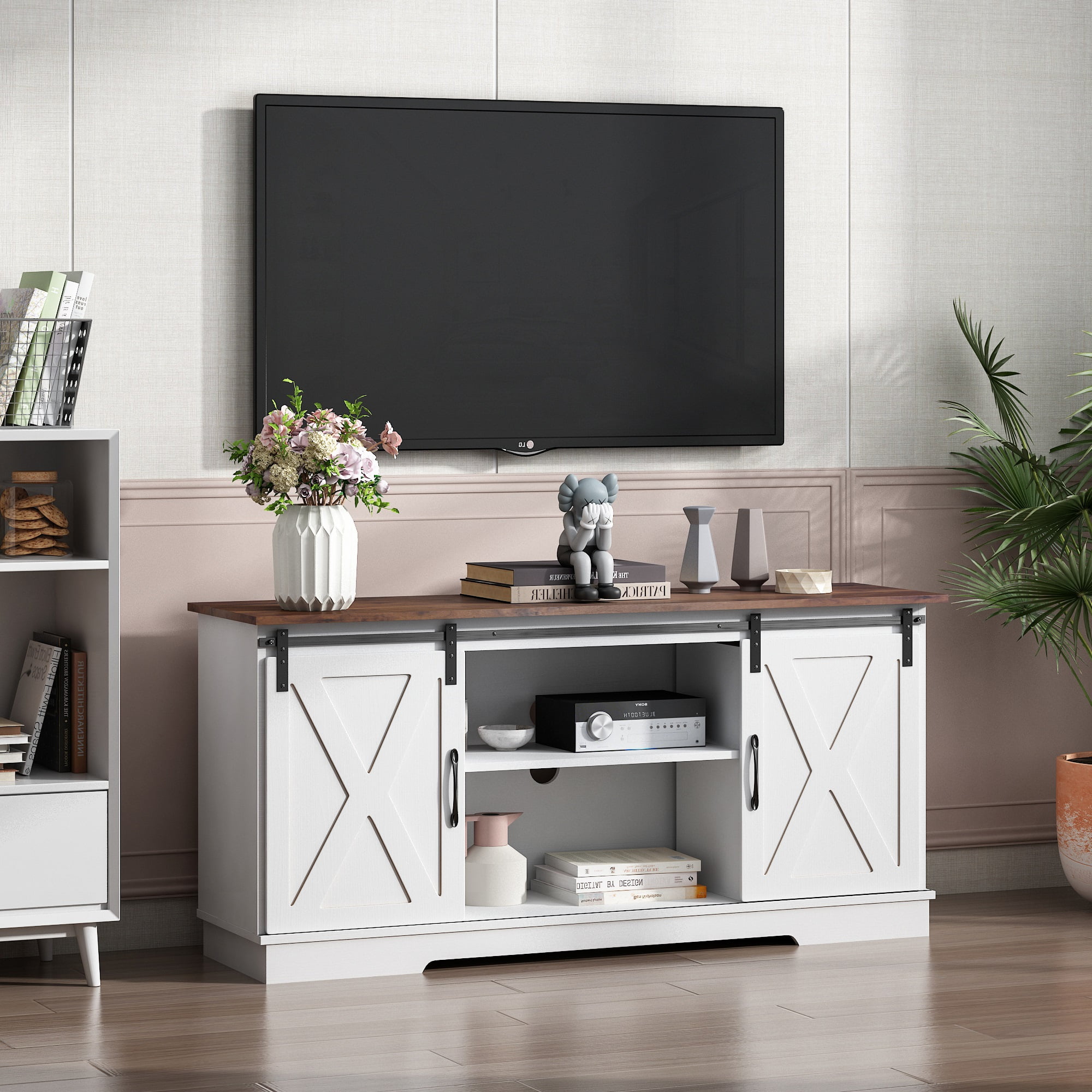 Jaxpety 58 Wooden TV Stand for TVs up to 65 Farmhouse Sliding Barn Door