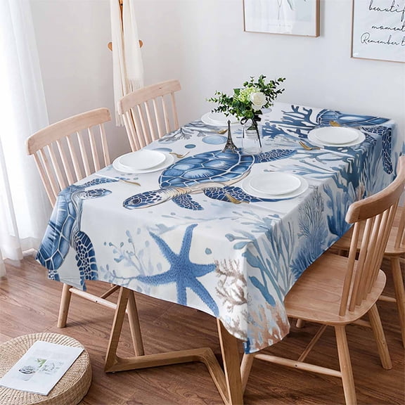 Summer Beach Coastal Tablecloth Rectangle Table Cloth 52x70 , Waterproof Tablecloth Outdoor Table Cloth, Sea Turtle Coral Nautical Washable Table Cover for Kitchen Dining Party