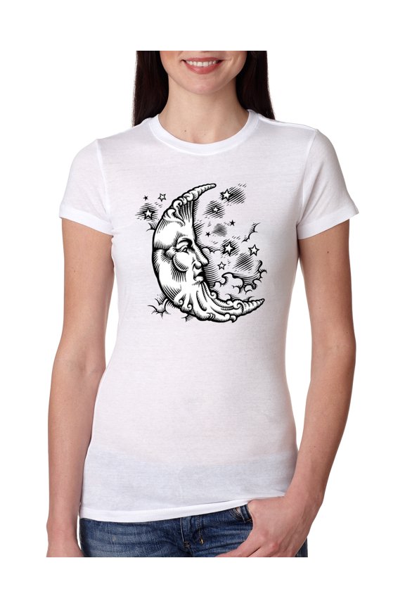 Crescent Moon Astrology Puff Print Fashion Womens Slim Fit Junior Tee, White, Large
