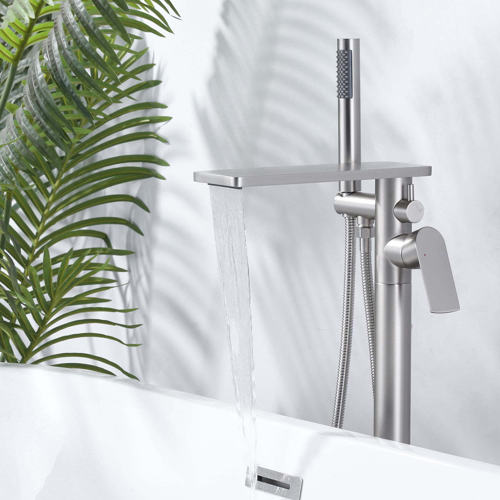 Wowow Brass Freestanding Bathtub Faucet Single-Handle Floor Mount Claw Foot Tub Faucet with Hand Shower in Brushed Nickel
