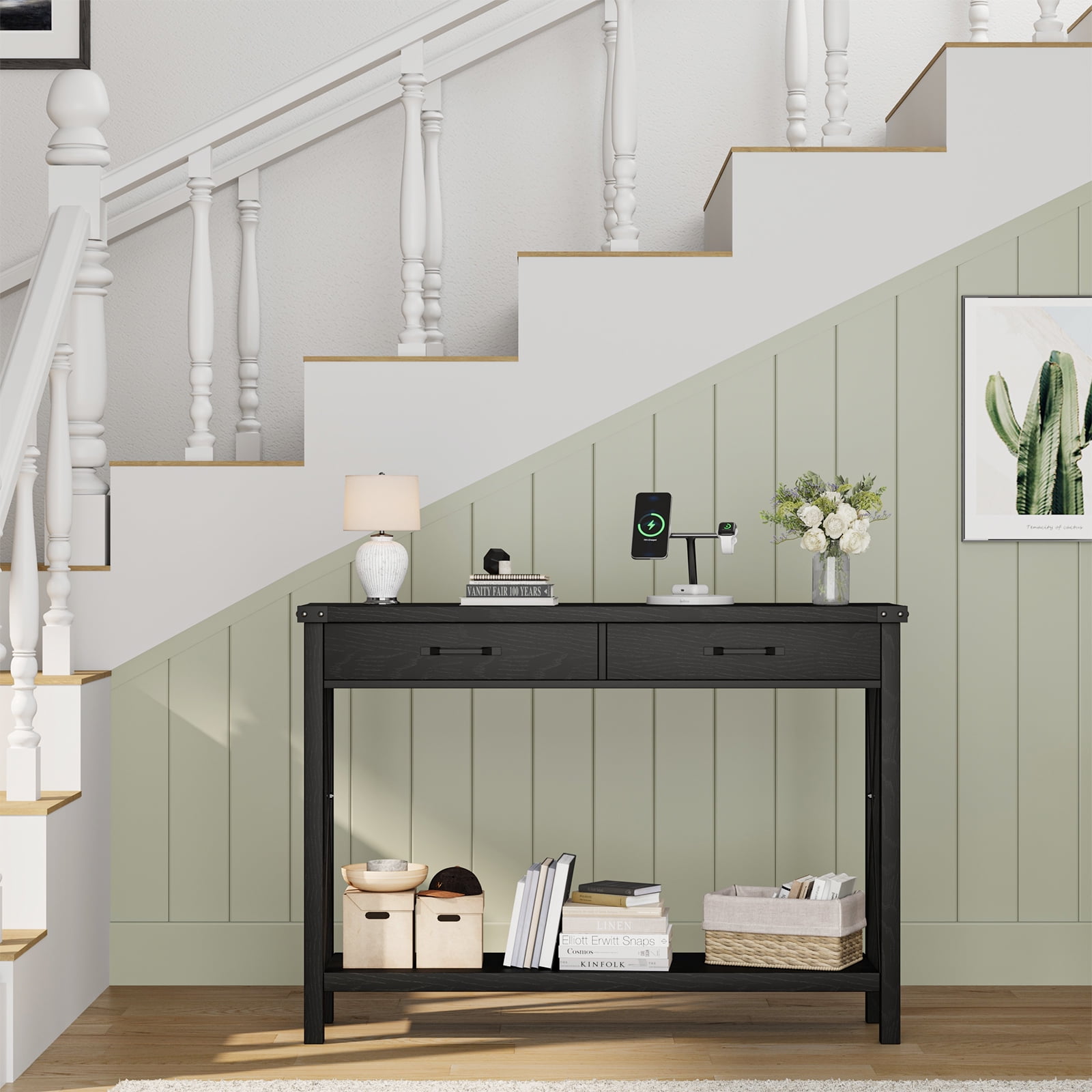 Console Table with 2 Drawers, Farmhouse Entryway Table with Storage Shelf, Accent Wood Sofa Table for Living Room, Hallway, Foyer - Black