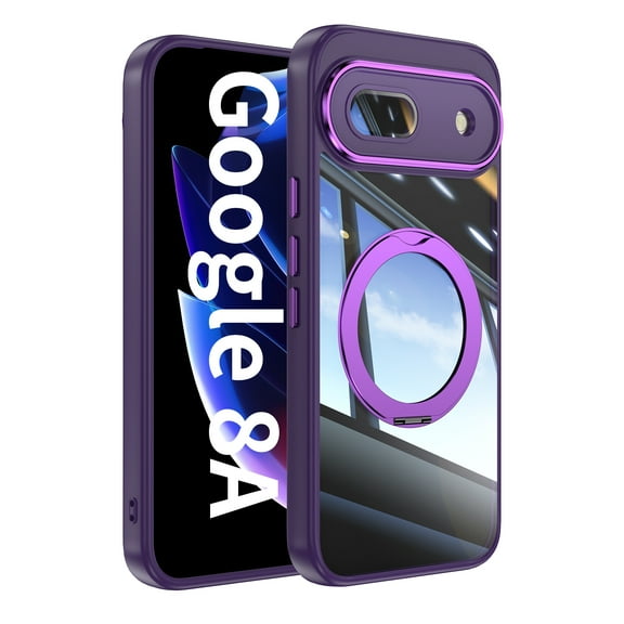 for Google Pixel 8A Case with Lens Protector, [Foldable Stand & Rotatable Ring Holder], Glossy Shockproof Bumper Dustproof Clear Women Men Case for Google Pixel 8A, Darkpurple