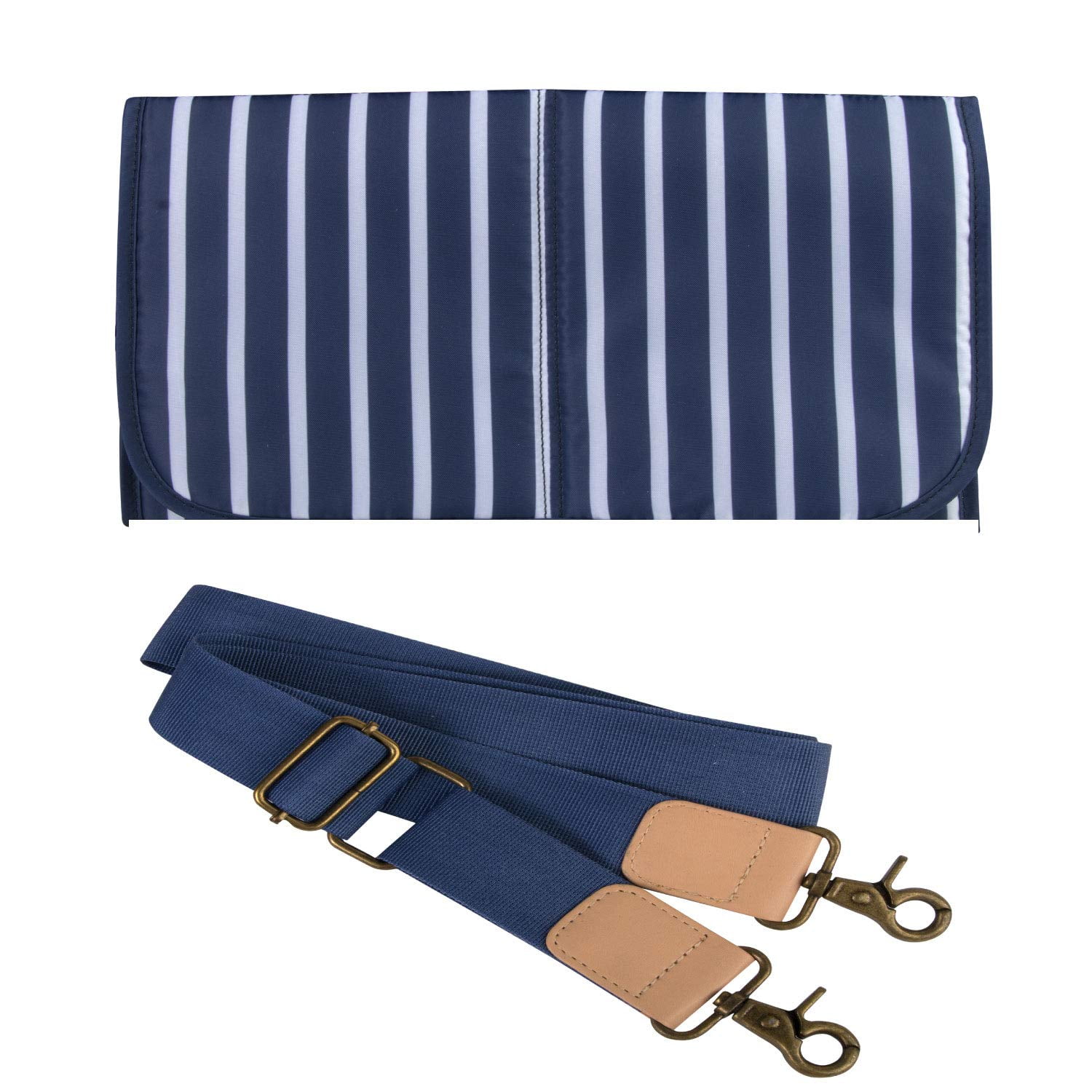 Baby Essentials 3 Piece Multi-Pocket Quilted Diaper Bag Tote with Removable Luggage Strap and Matching Striped Changing Pad in Navy Blue Floral