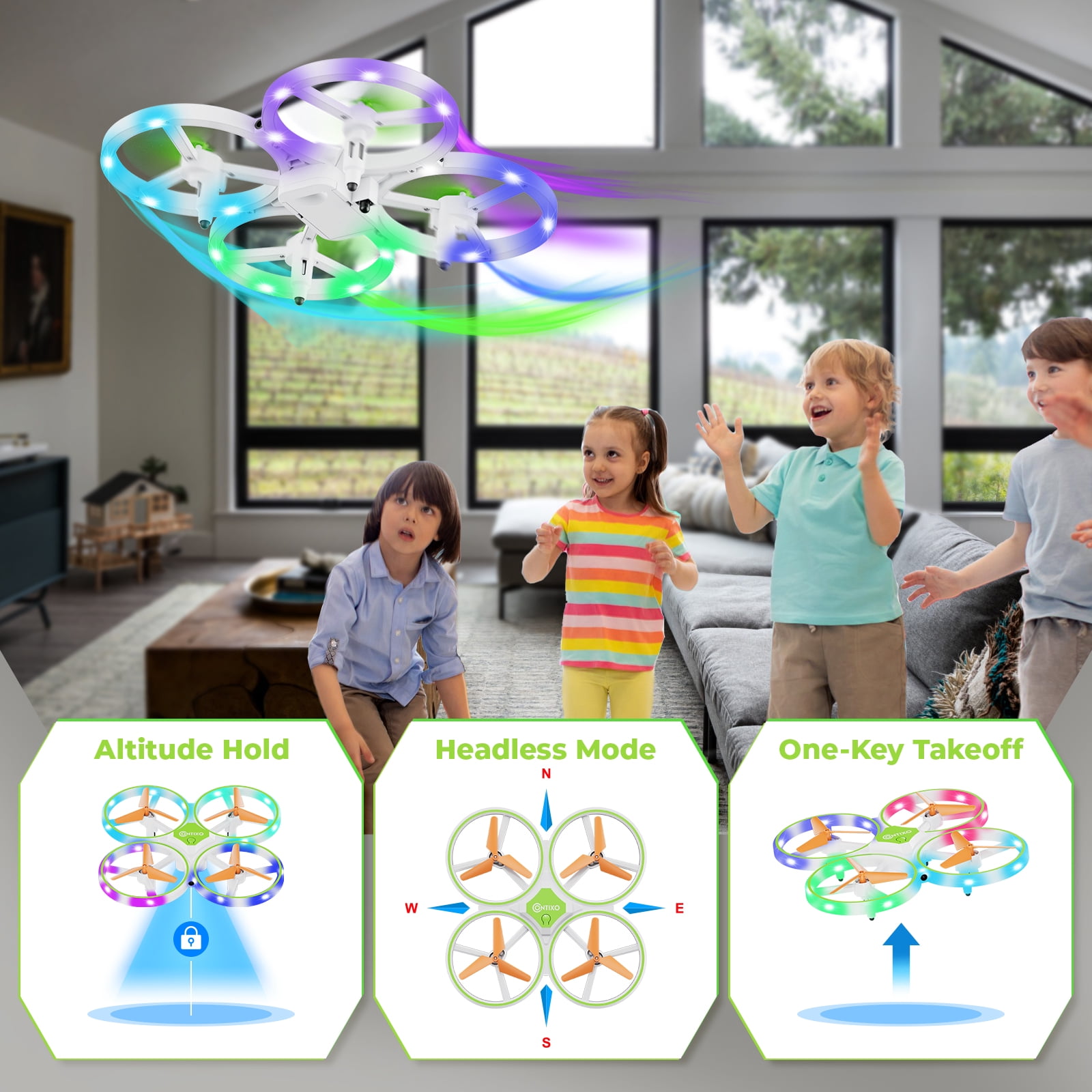 Contixo Mini Drones for Kids, Kids Drone with LED Lights, Altitude Hold, and 16-Min Flight, Green Dragonfly