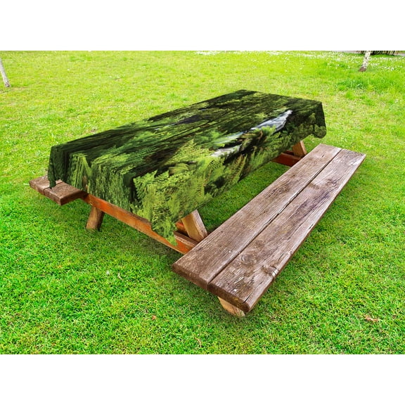 Rainforest Outdoor Tablecloth, Rainforest with Waterfall River Tourist Attraction Tropical Lands Green Zen Theme, Decorative Washable Fabric Picnic Tablecloth, 58 X 120 Inches, Green, by Ambesonne