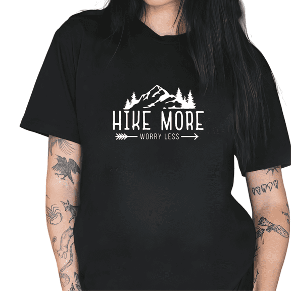 Cozymy Women's Hike More Worry Less Mountain Hiking Graphic Short Sleeve T-Shirt Vintage Cotton Crewneck Casual Outdoor Top