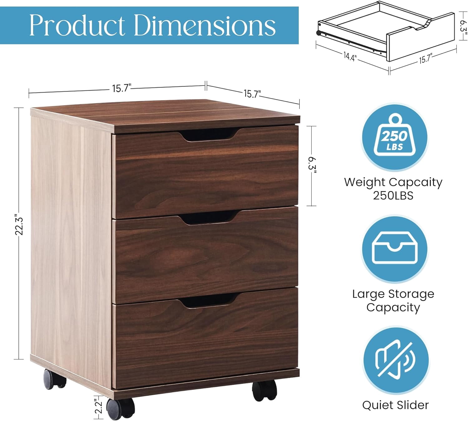 Farini 3-Drawer File Cabinet for Home Office, Mobile Wooden File Cabinet, for Under Desk Storage, Brown, Non-Assembled
