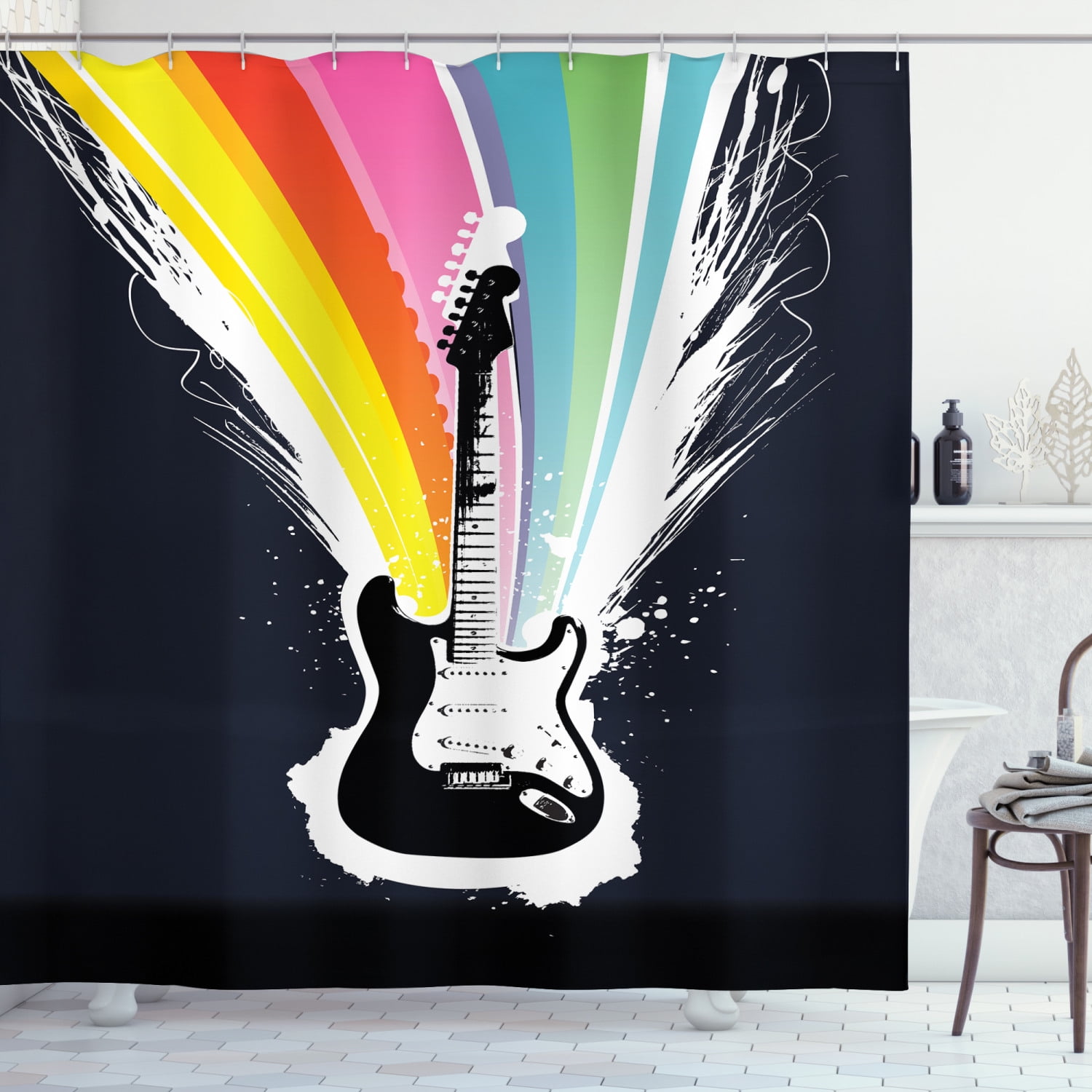 Guitar Shower Curtain, Colorful Stripes Flowing Out of an Electric