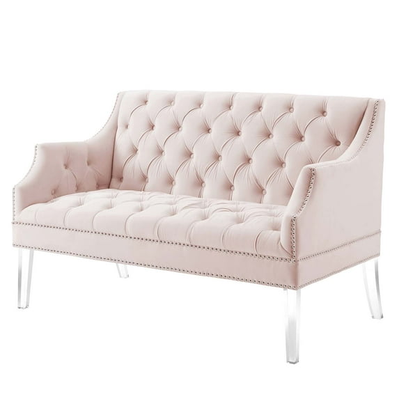 Tufted Loveseat Sofa, Velvet, Pink, Modern Contemporary Urban Design, Living Lounge Room Hotel Lobby Hospitality